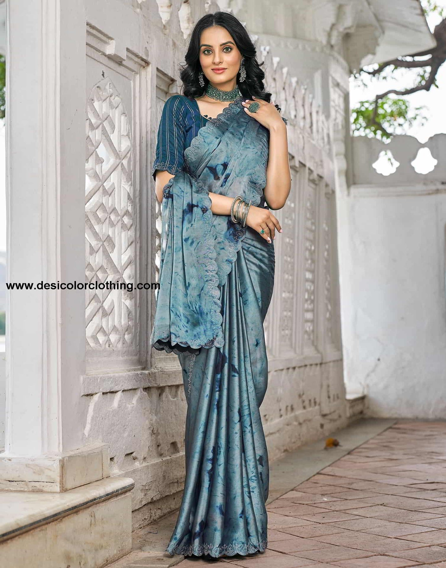 Blue Printed Georgette Stone Work Saree