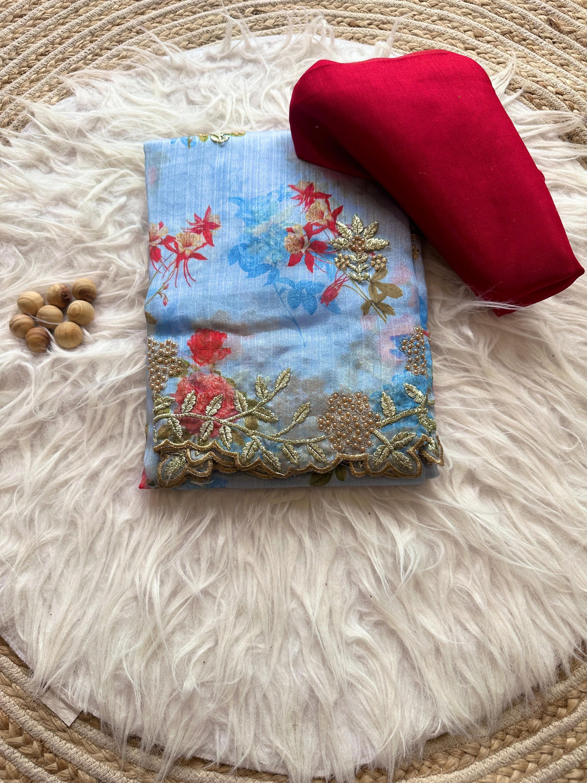 Product Image - Elegant Organza Silk Saree with Floral Digital Print and Zari Embroidery