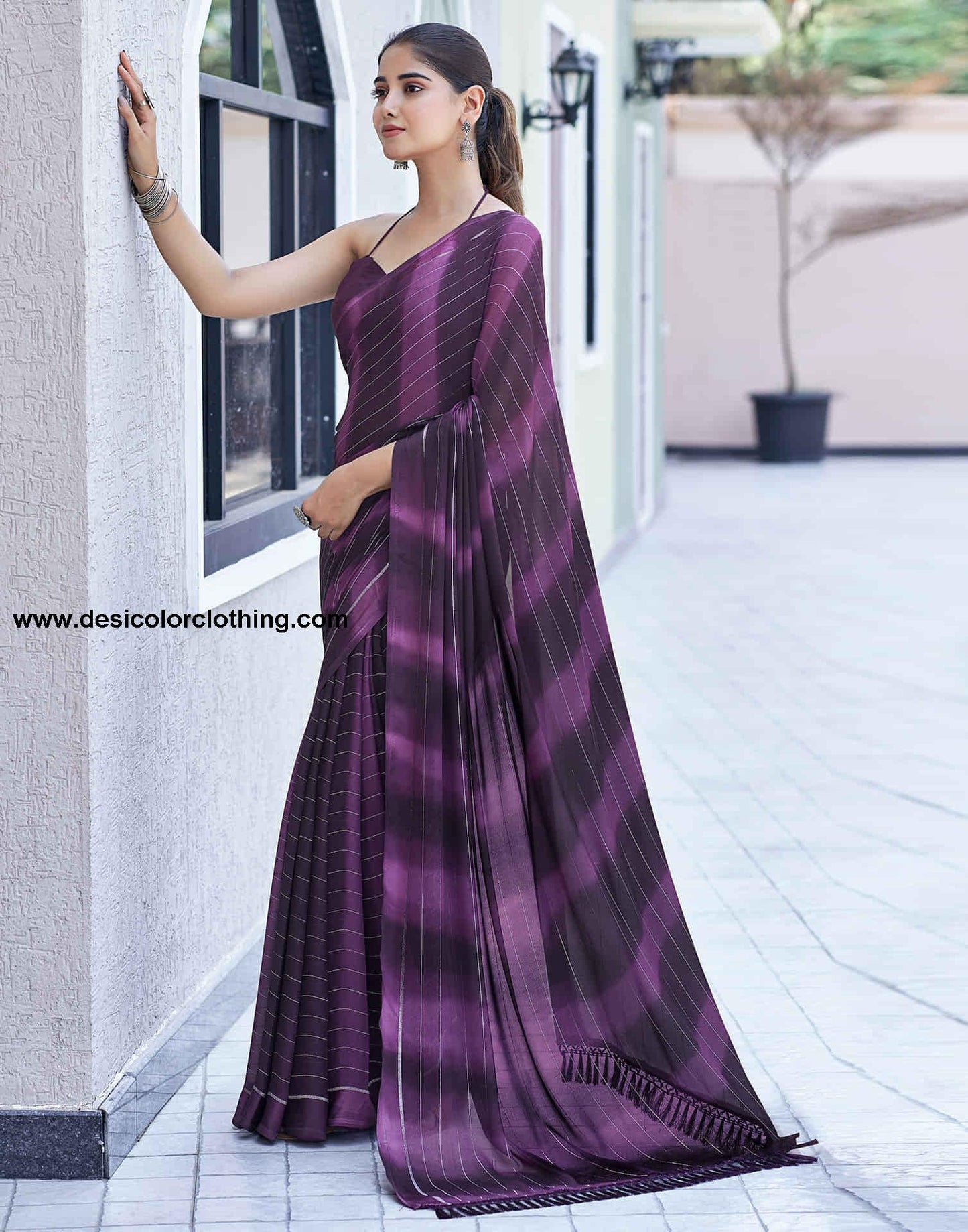 Wine Georgette Printed Leheriya Saree