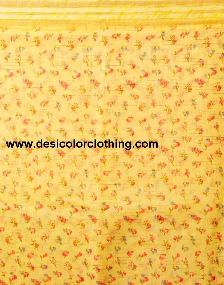 Yellow Cotton Printed  Saree