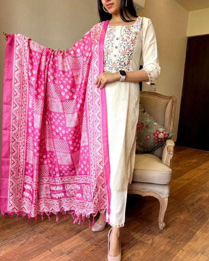 Product Image - Khadi Cotton Embroidery Suit with Khadi Silk Dupatta – Perfect Festive Wear
