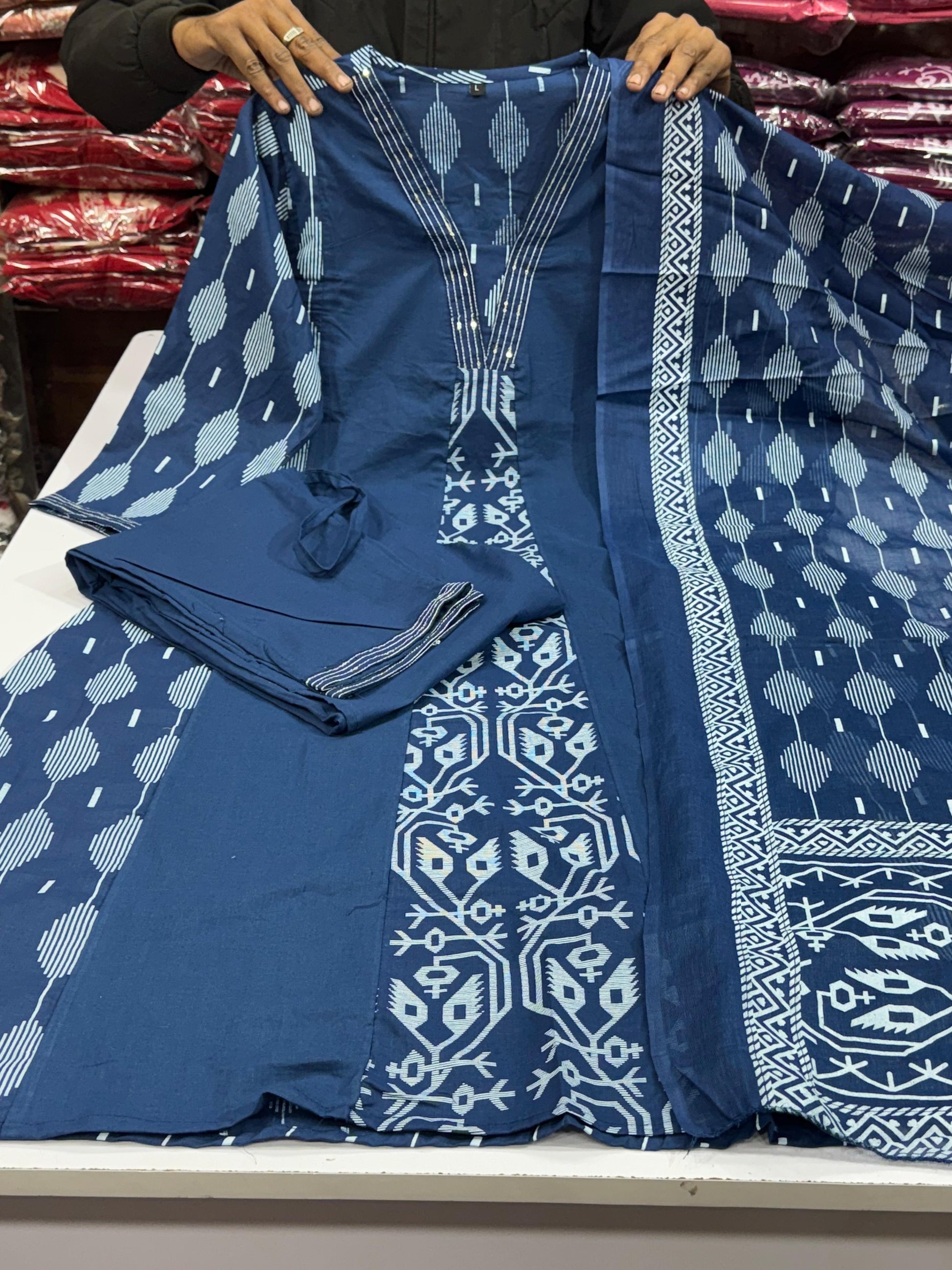 Product Image - Premium Cotton Ikkat Printed Designer Kurti 3pcs Set - Festive Wear & Wedding Outfits