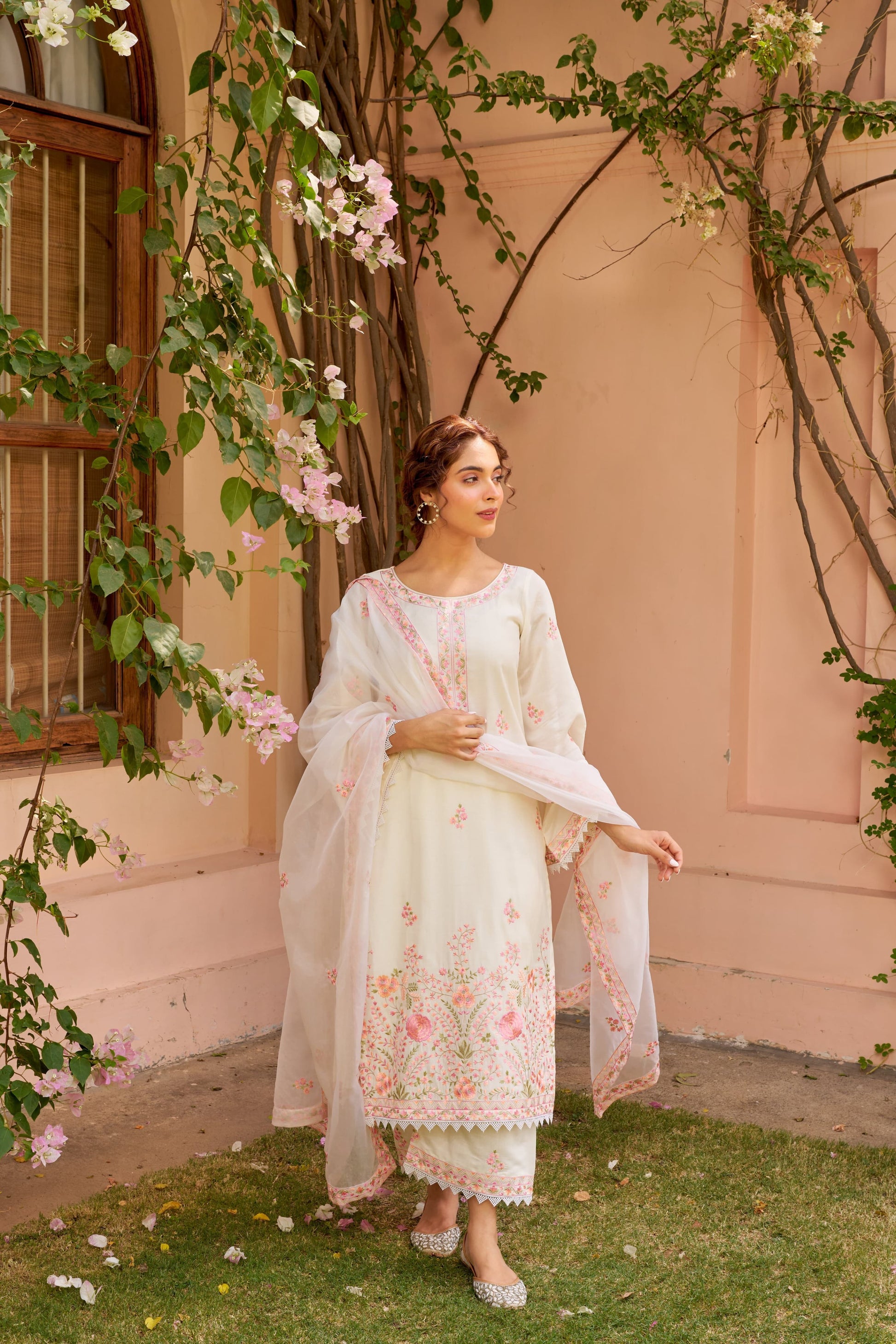 Product Image - AKSHARA: Ivory White Chanderi Embroidered Suit Set