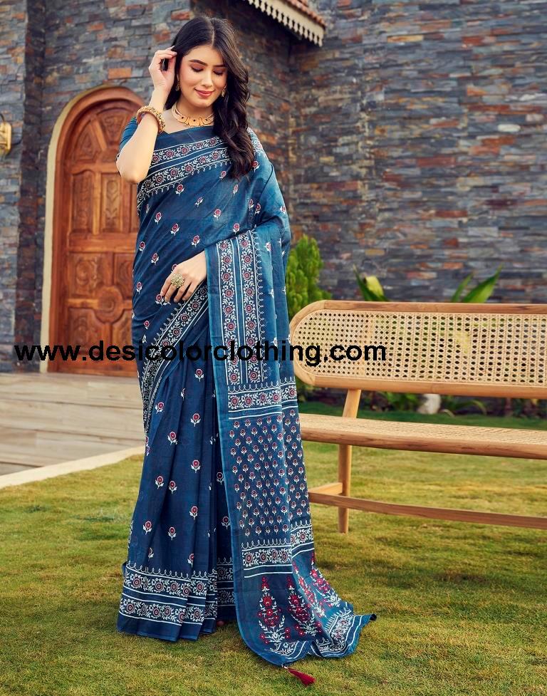 Rama Blue Cotton Printed Ready To Wear