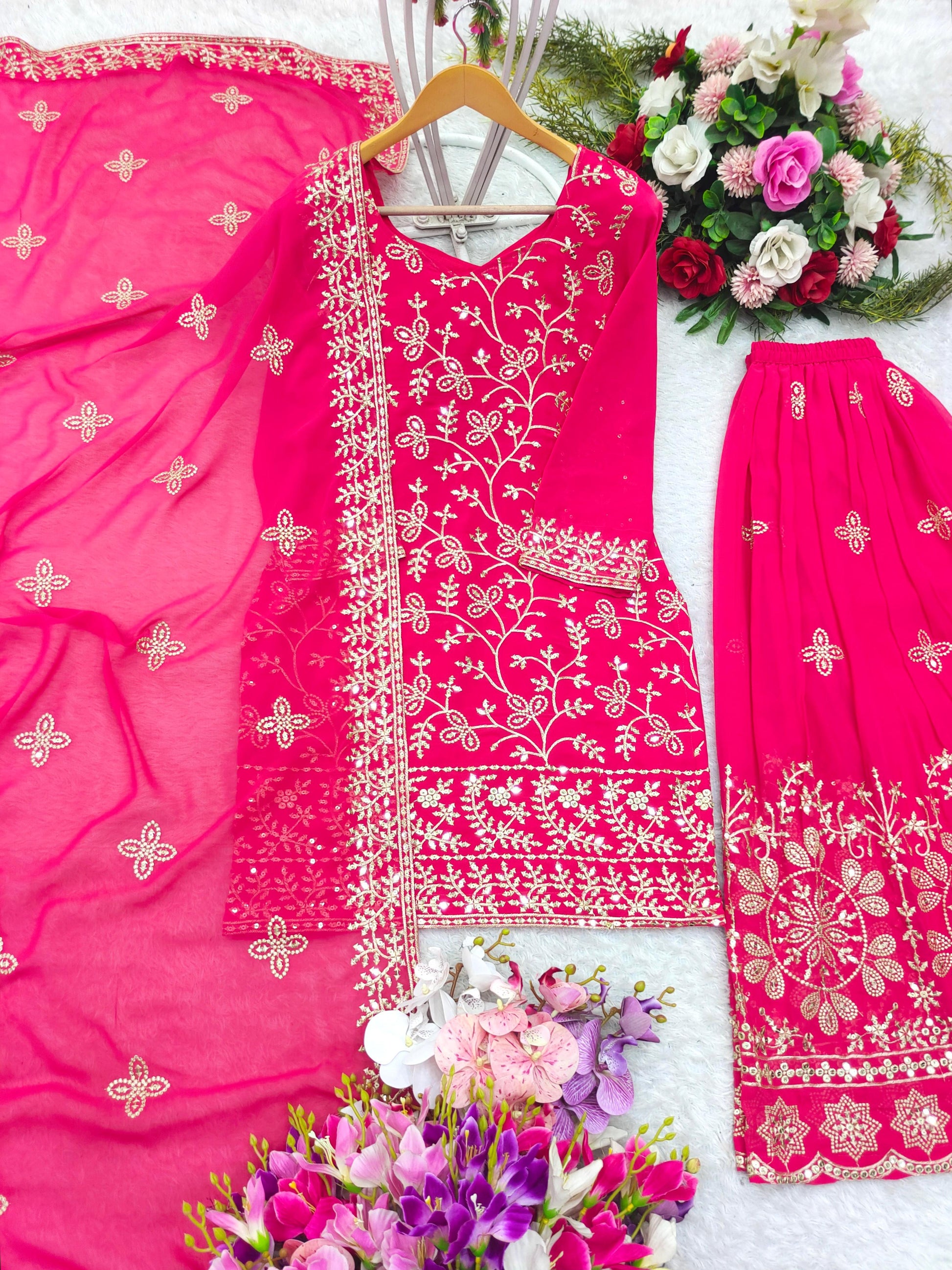 Product Image - Exquisite Pure Georgette Top-Plazzo With Dupatta Set - Ready to Wear
