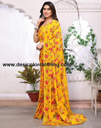 Turmeric Yellow Georgette Floral Printed Saree