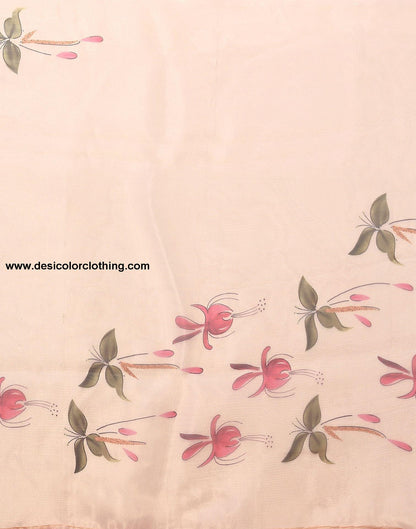 Cream Organza Printed Saree