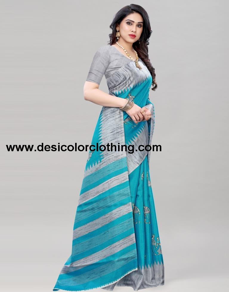 Blue Coloured Khadi Silk Printed Casual saree