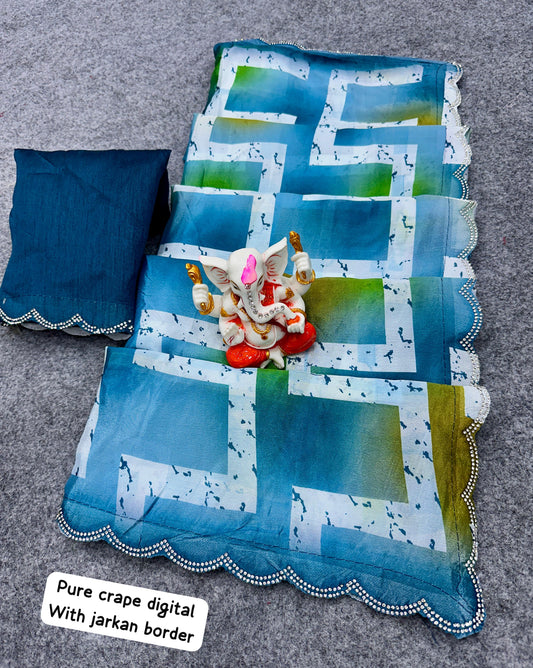Product Image - Elegant Designer Wedding Saree | Georgette Fabric with Digital Print & Embroidery