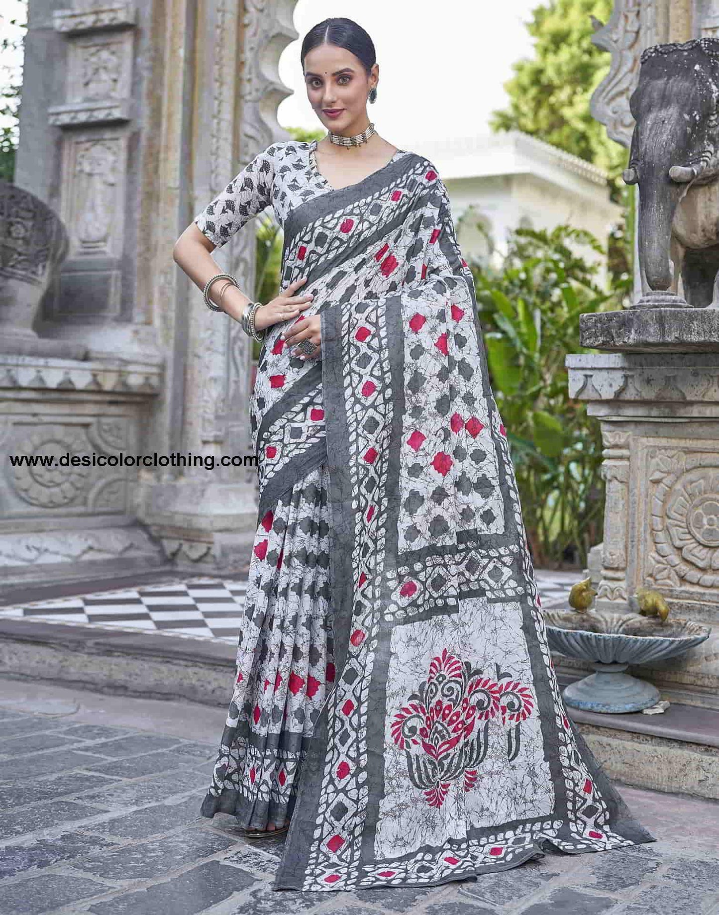 White Printed Cotton Saree