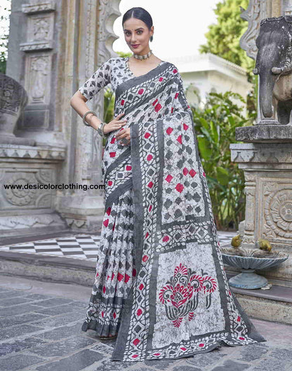 White Printed Cotton Saree