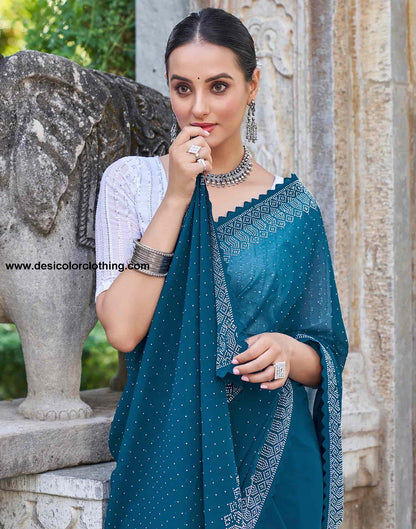 Blue Swarovski Georgette Stone Work Saree