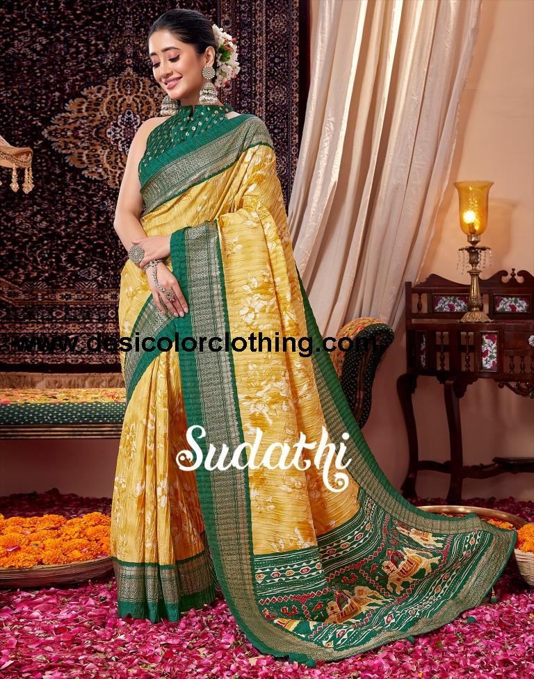 Yellow & Cream Printed Silk Saree