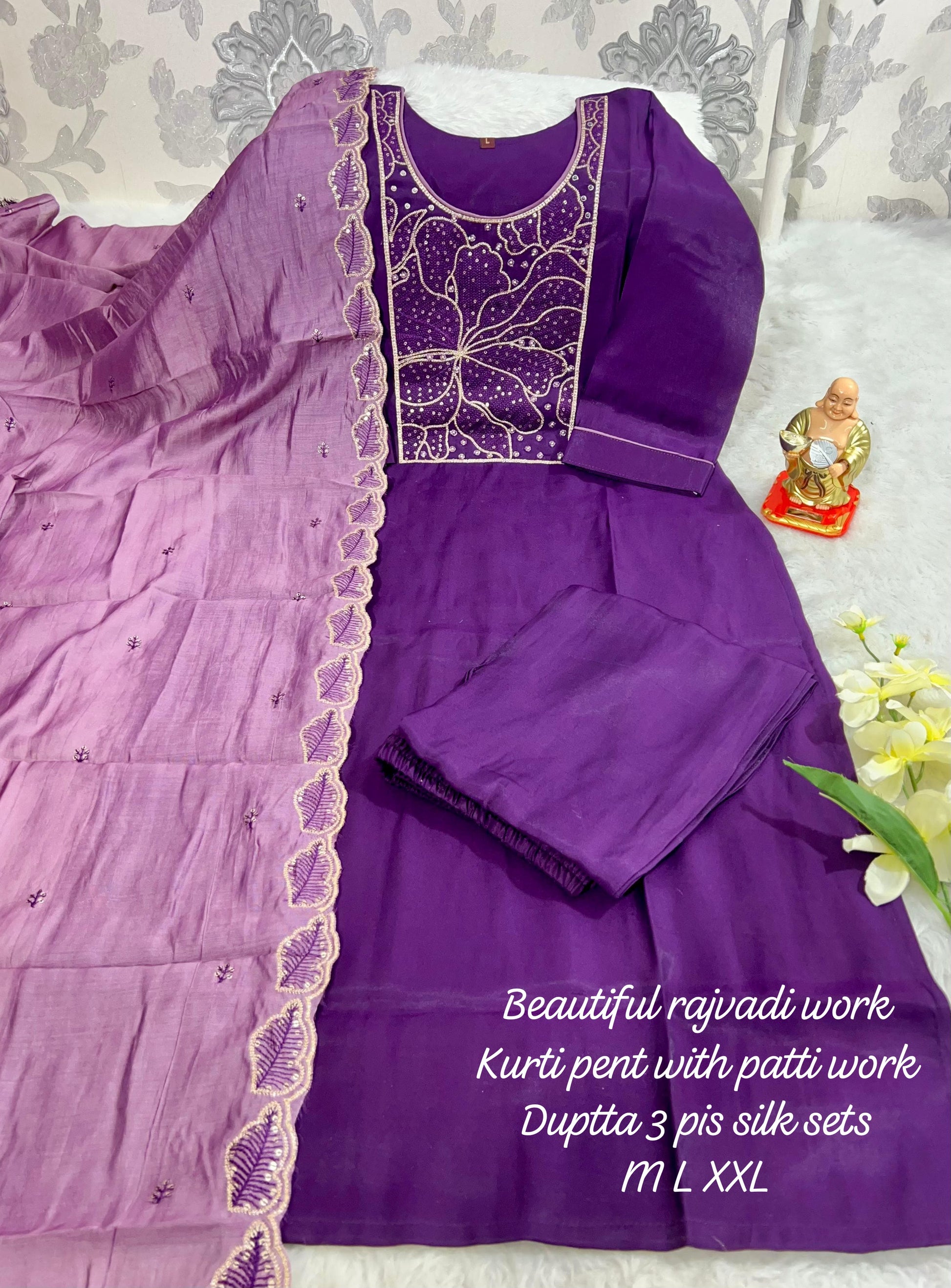 Product Image - Designer Handwork Kurti with Pant & Dupatta Set in Premium Roman Silk – Festive & Wedding Ready