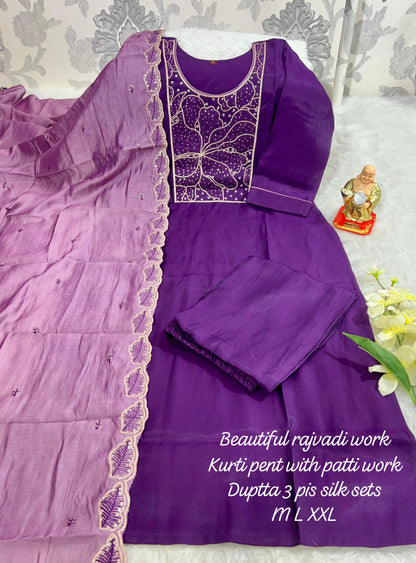Product Image - Designer Handwork Kurti with Pant & Dupatta Set in Premium Roman Silk – Festive & Wedding Ready