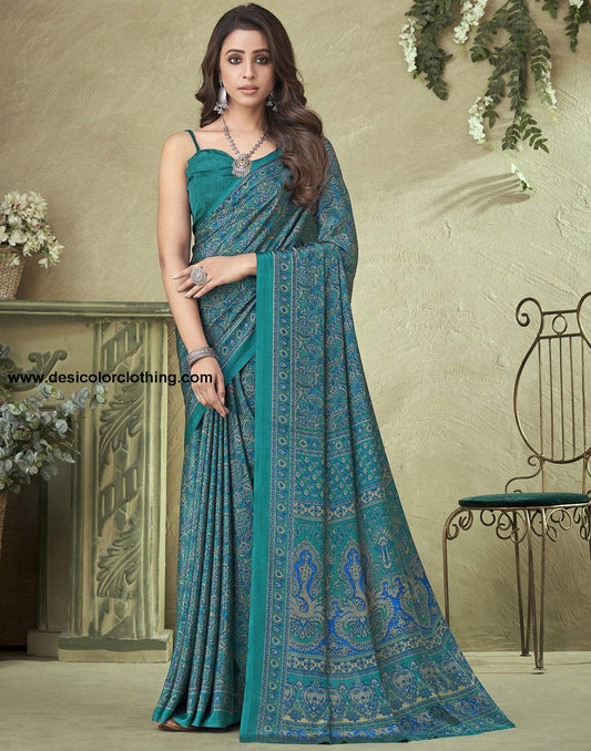 Rama Green Silk Floral Printed Saree