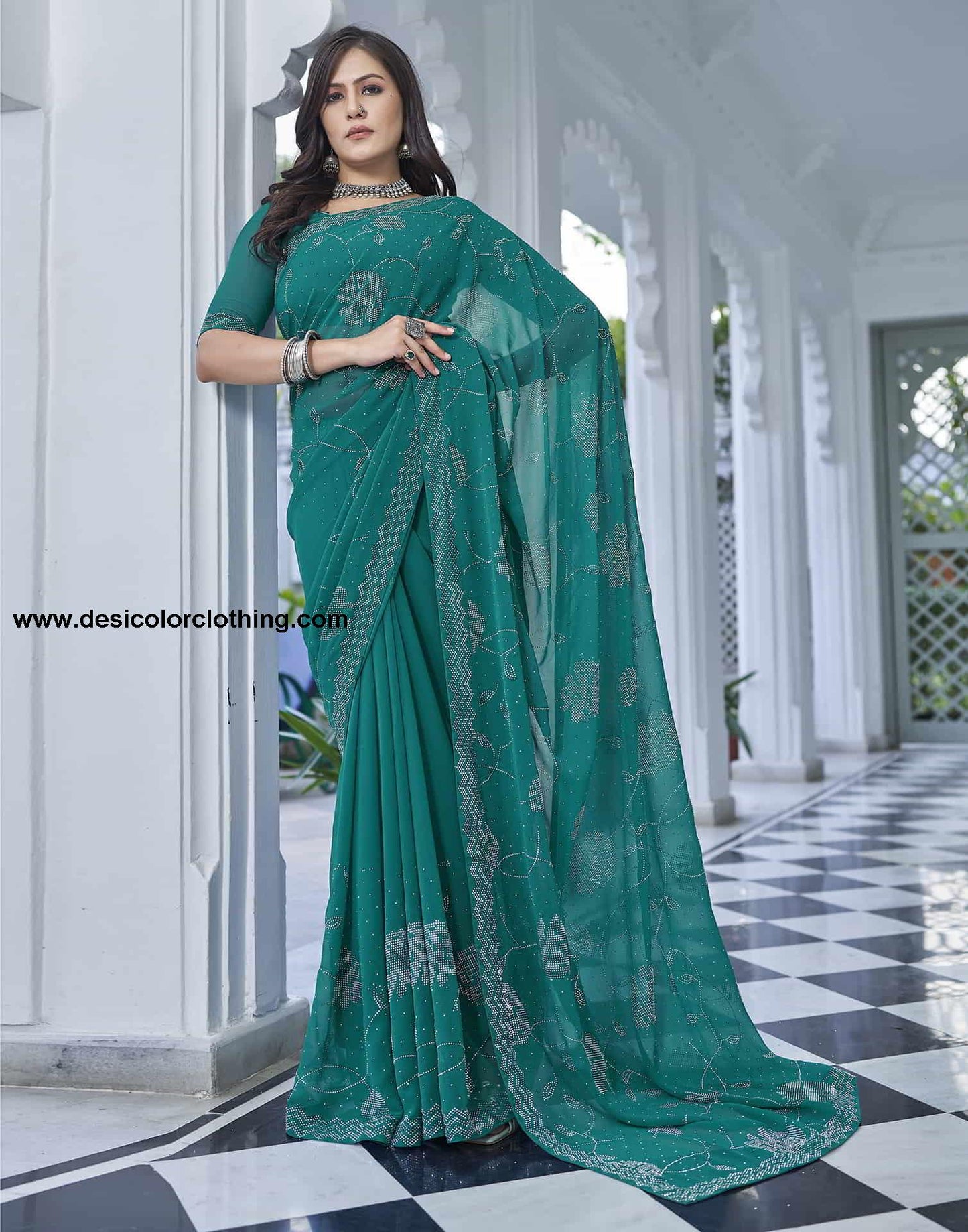 Turquoise Swarovski Georgette Stone Work Saree