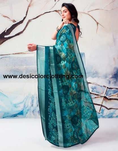 Blue Chiffon Printed  Saree