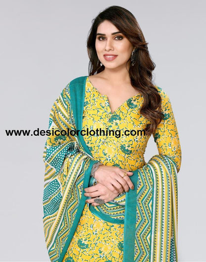 Yellow Printed Cotton Unstitched Salwar Suit Material