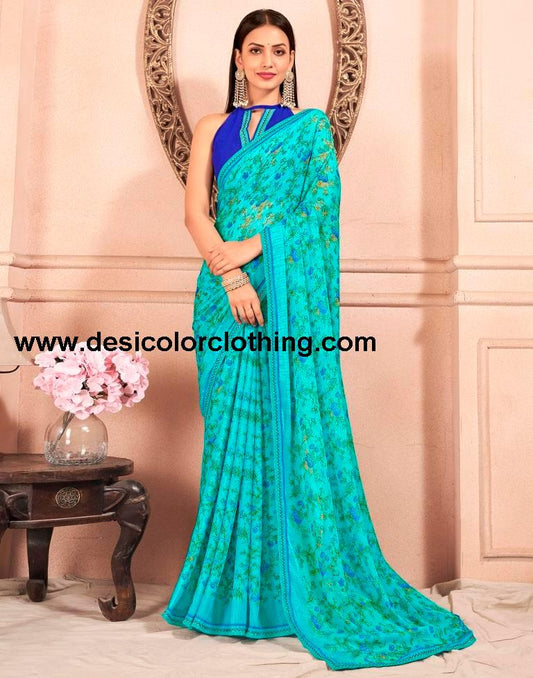 Blue Chiffon Printed Saree