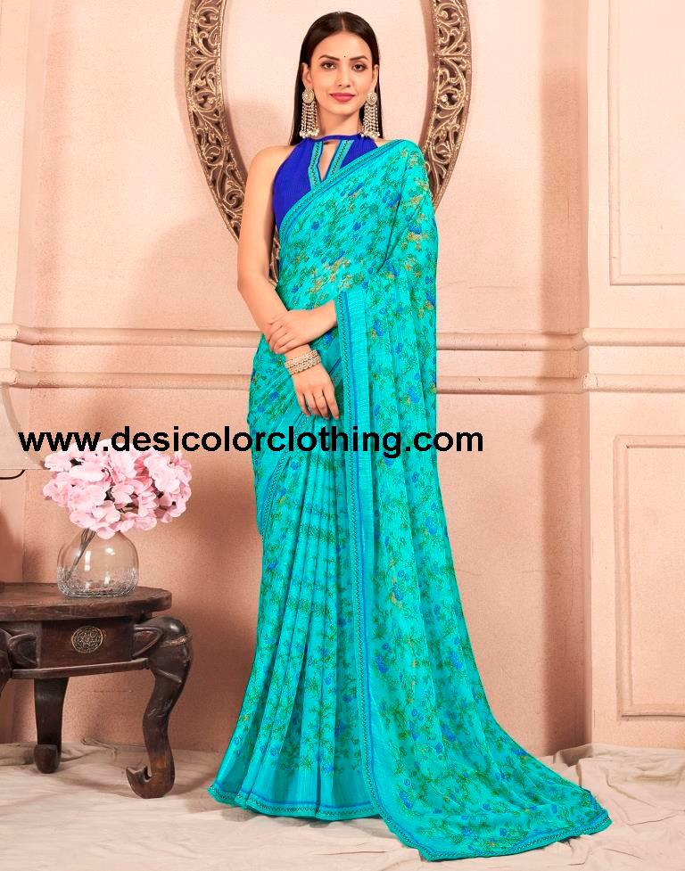 Blue Chiffon Printed Saree