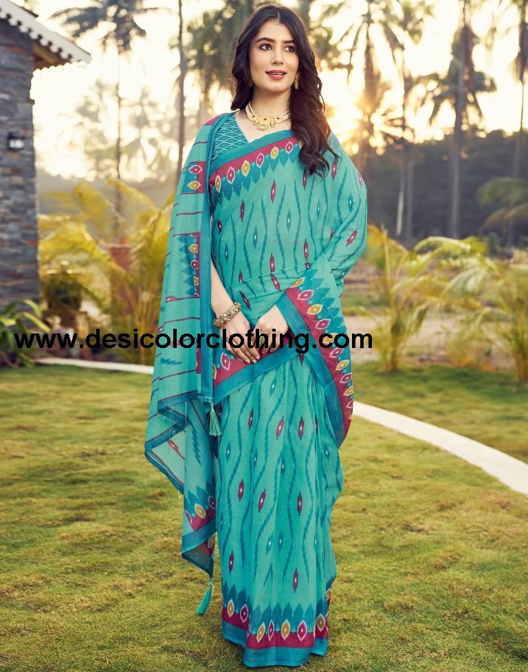 Blue Cotton Printed Ready To Wear