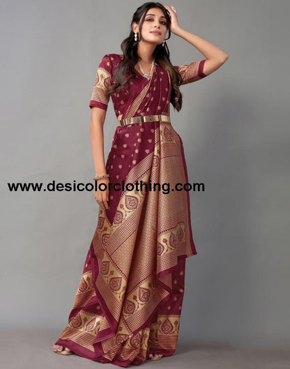 Beige And Maroon Banarasi Silk Saree
