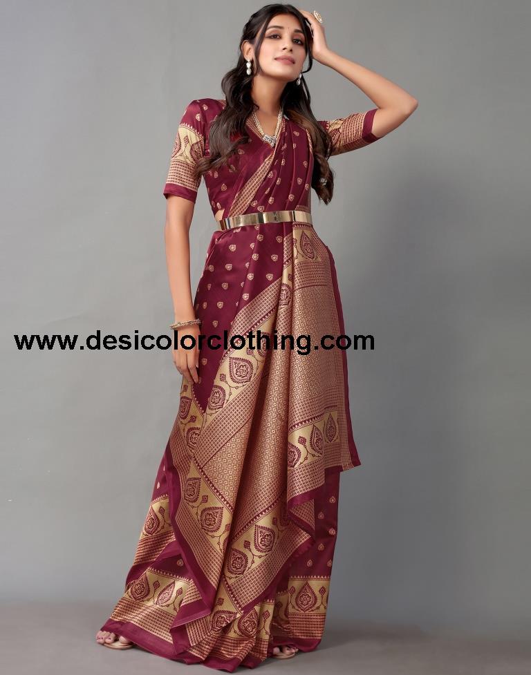 Beige And Maroon Banarasi Silk Saree
