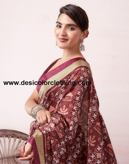 Brown Silk Printed  Saree
