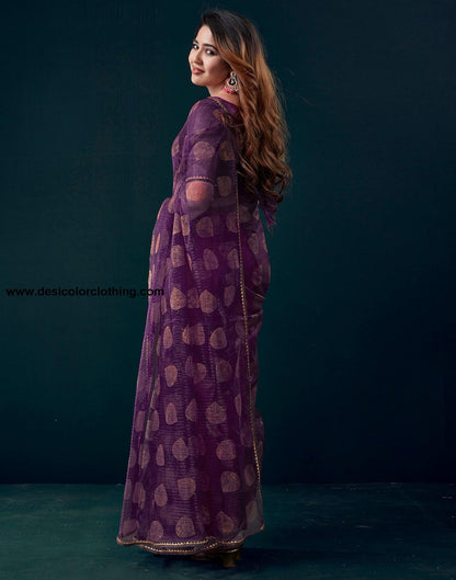 Purple Net Plain Saree