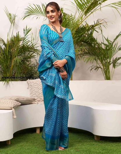 Blue Cotton Printed Saree