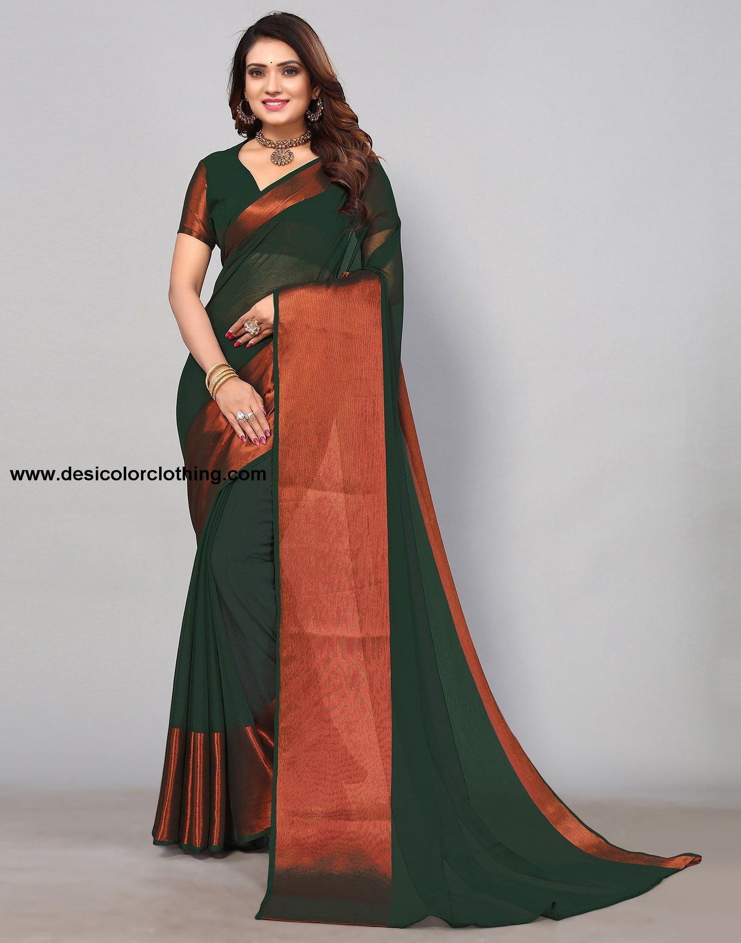 Dark Green Chiffon Plain Saree