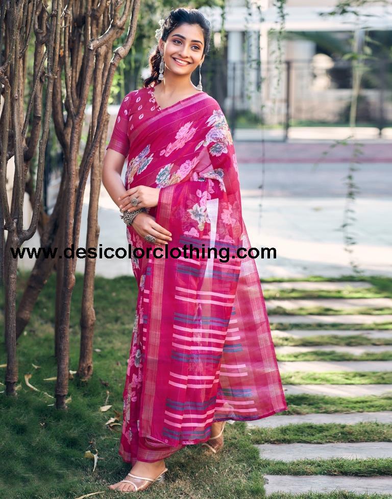 Rani Pink Cotton Printed Saree