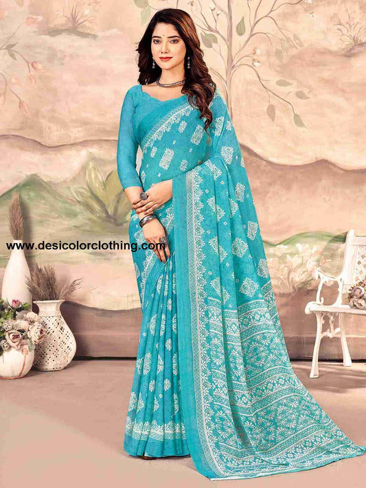 Blue Chiffon Printed Saree