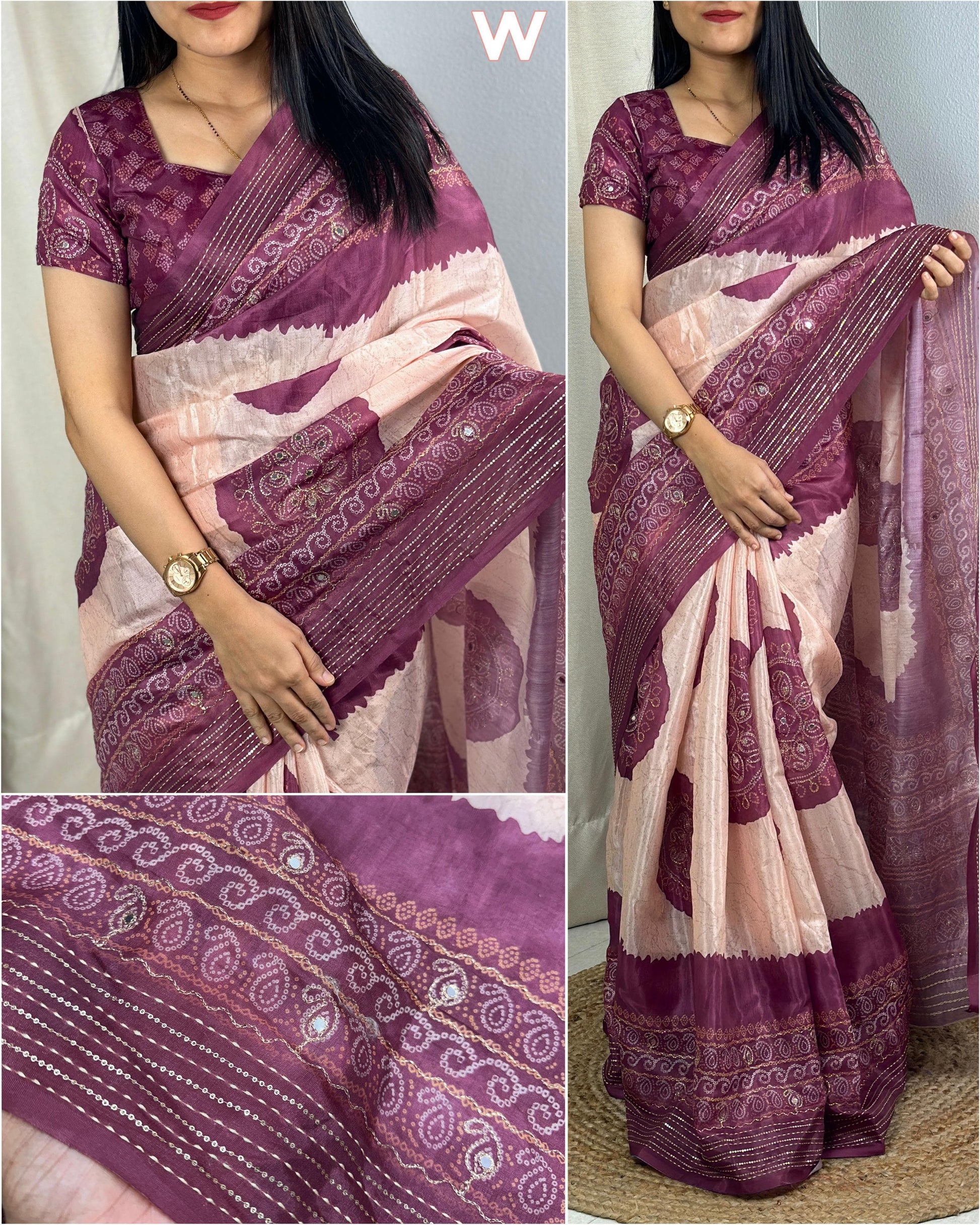 Product Image - Designer Rangeen Silk Saree with Hand Katha and Gotta Patti Work for Festive and Wedding Wear