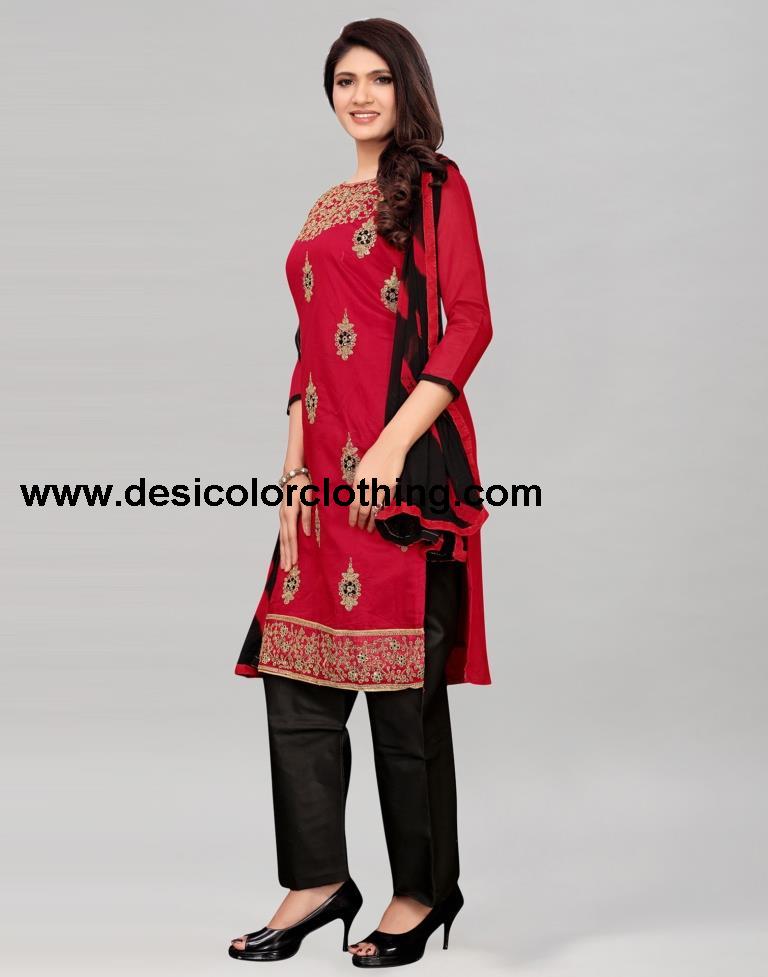 Red Chanderi Silk Embroidered Unstitched Salwar Suit