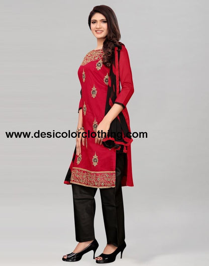 Red Chanderi Silk Embroidered Unstitched Salwar Suit