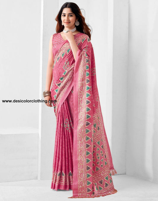 Pink Printed Silk Saree