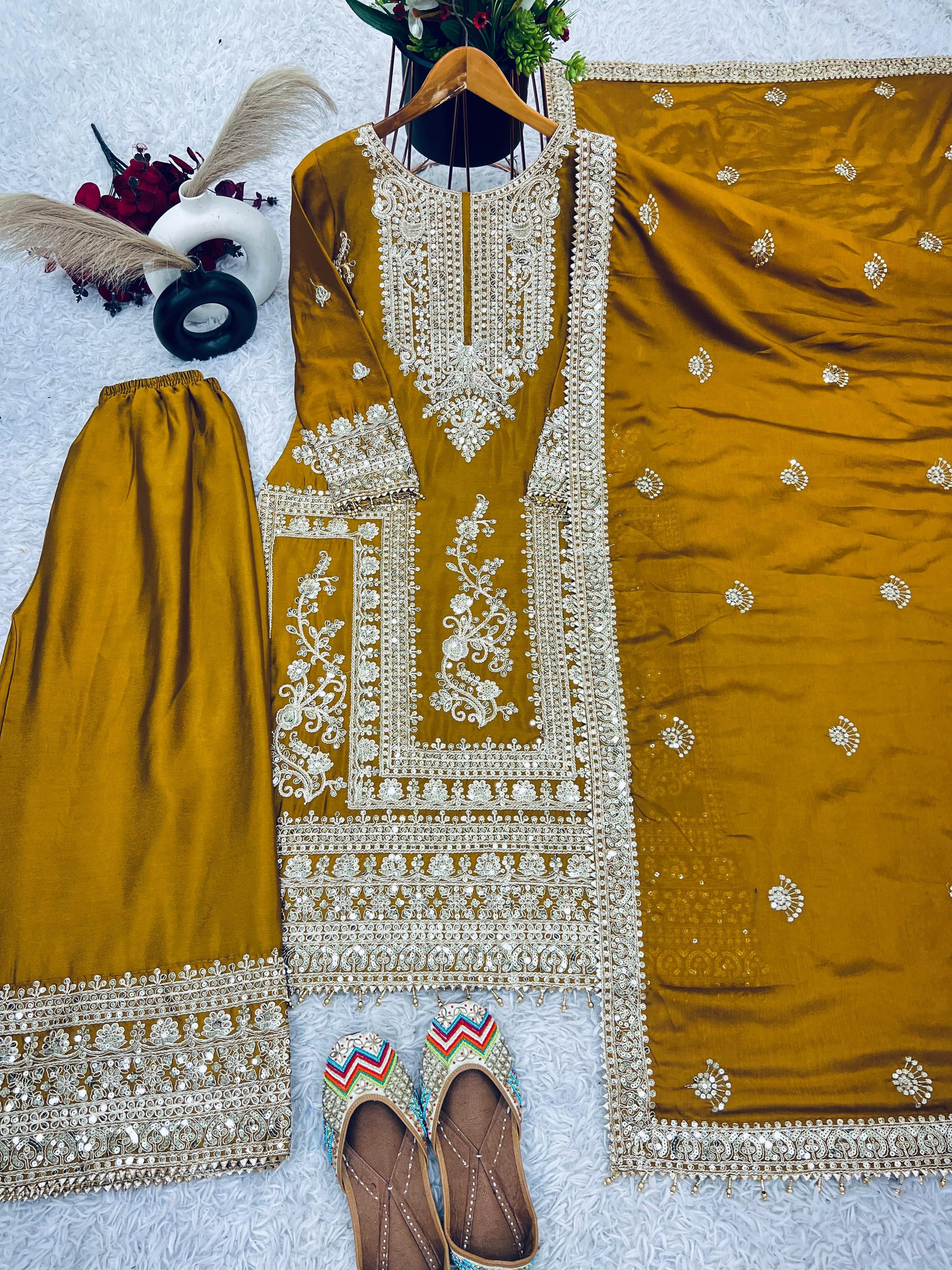 Product Image - Designer Georgette Wedding Saree - Pure Chinnon Silk with Heavy Embroidery
