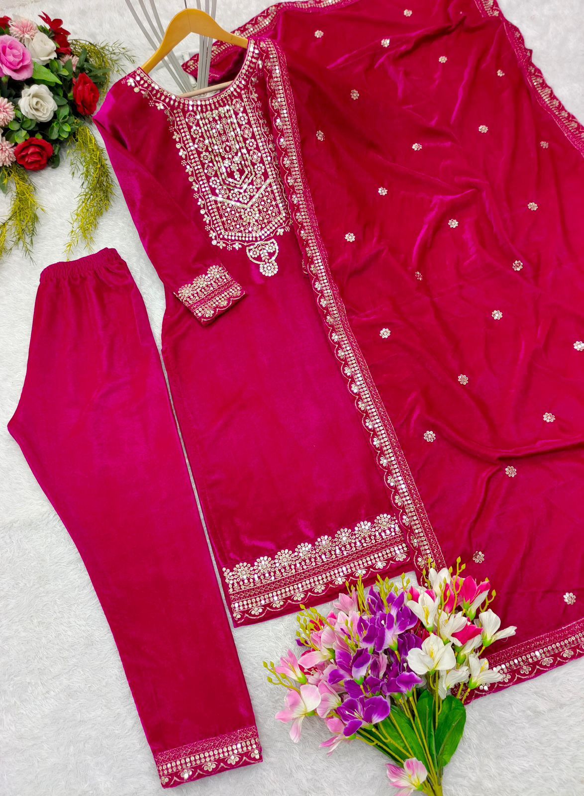 Product Image - Designer Velvet Top-Pant Dupatta Set for Weddings and Festive Wear