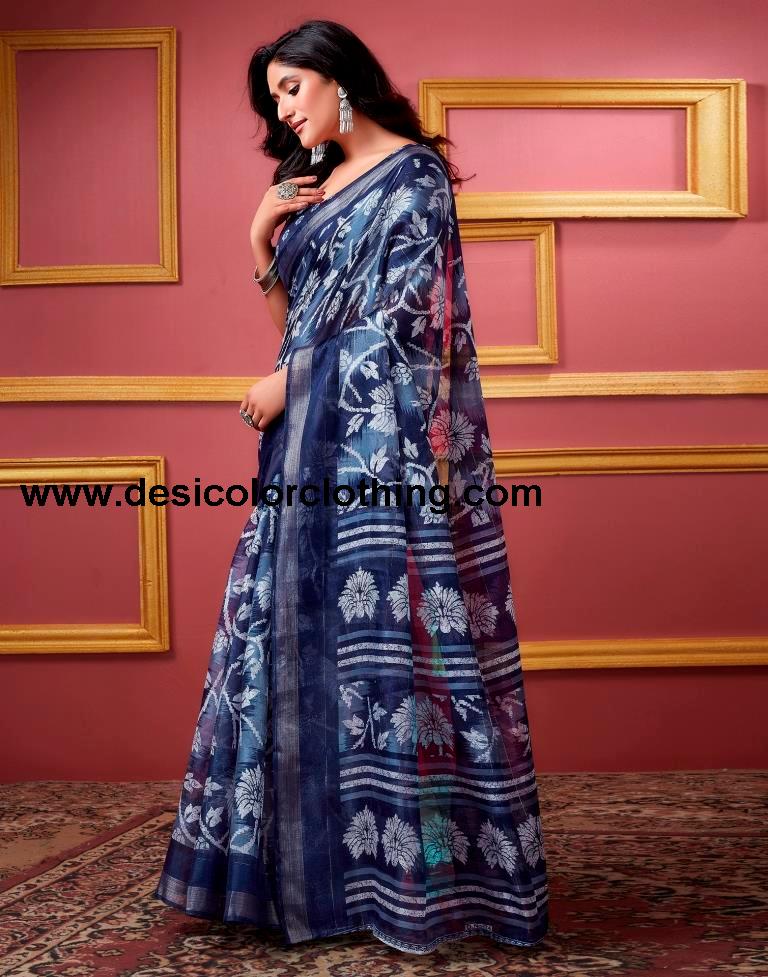 Dark Blue Cotton Zari Saree