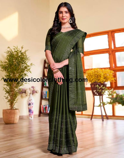 Mehndi Green Georgette Plain Saree