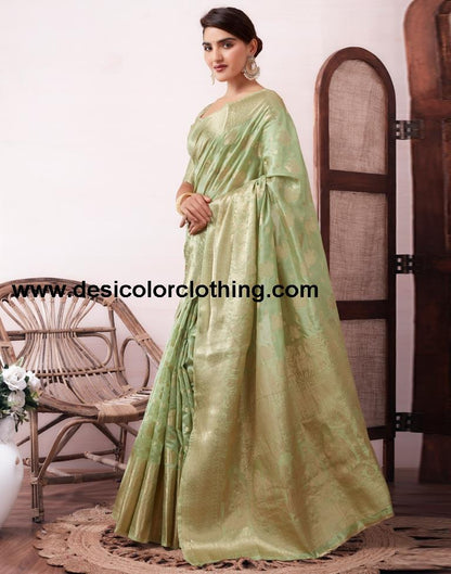 Pista Green Organza Woven Saree