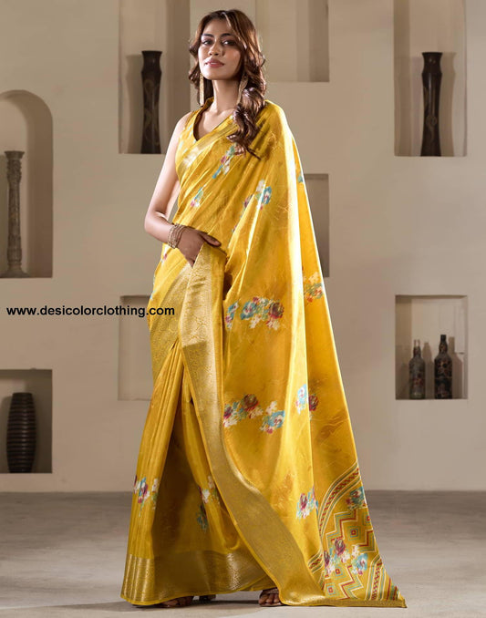 Yellow Silk Printed Saree