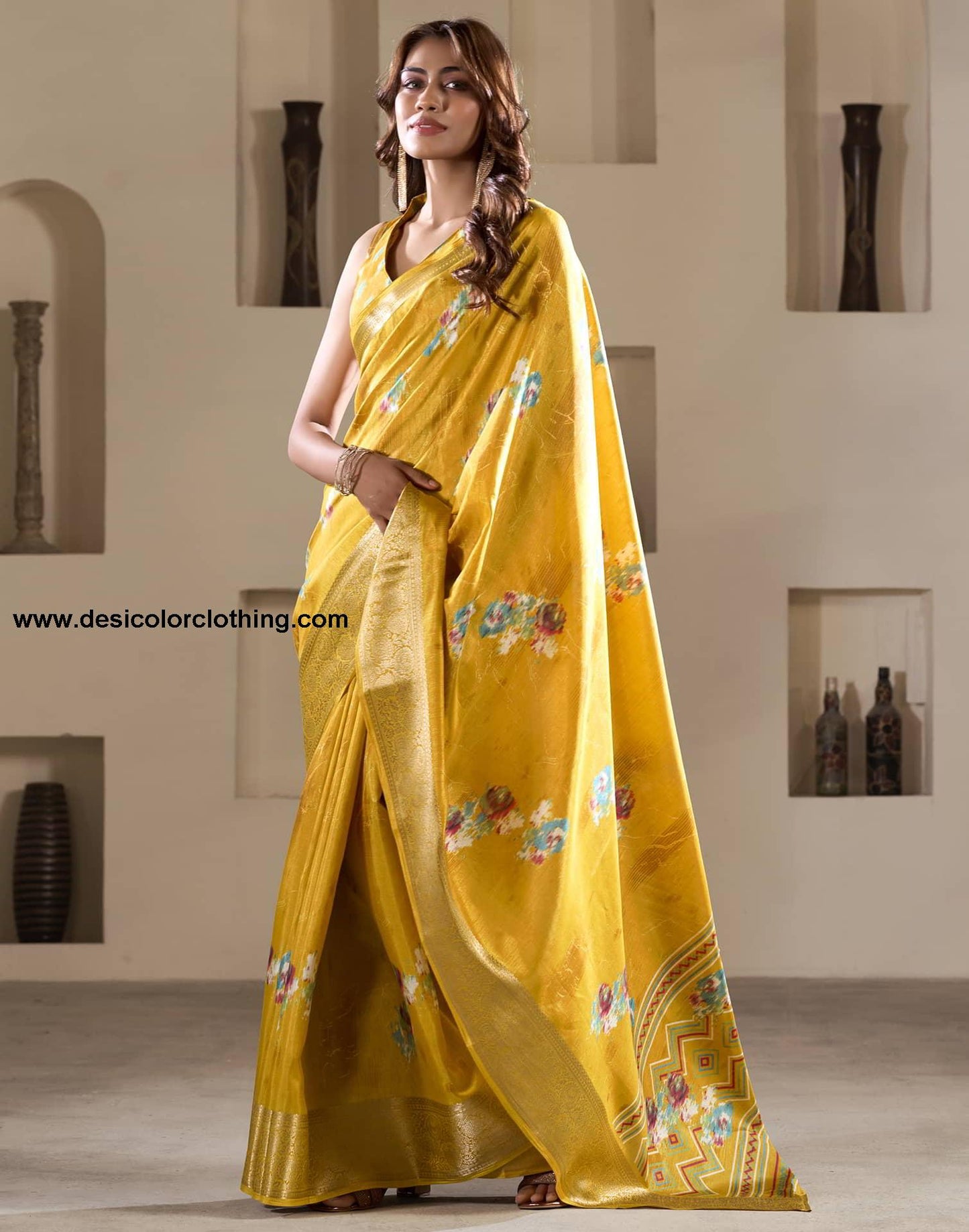 Yellow Silk Printed Saree