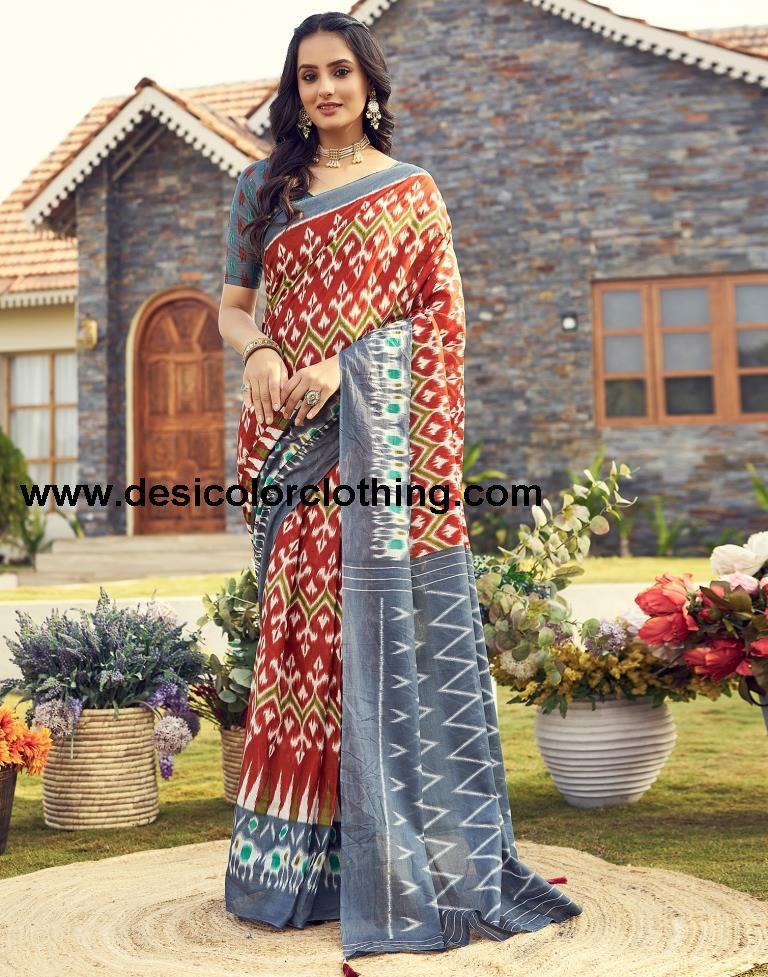 Rust Cotton Printed Ready To Wear