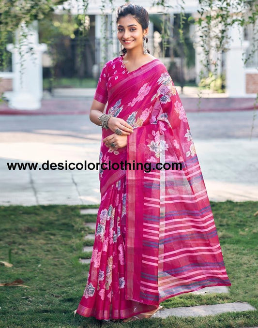 Rani Pink Cotton Printed Saree