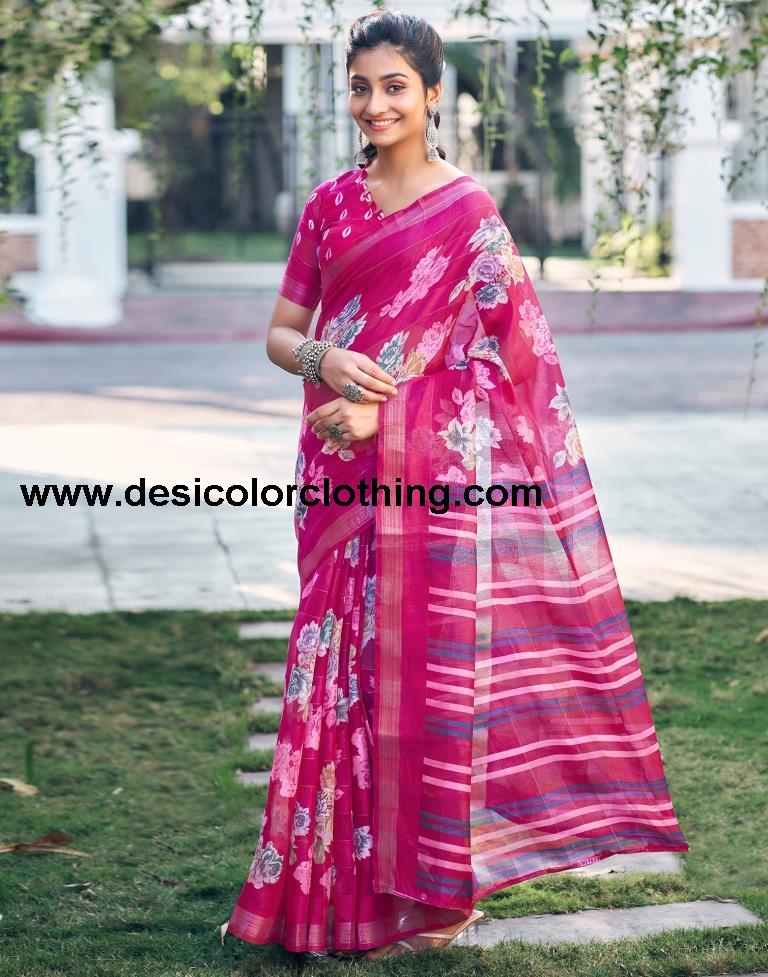 Rani Pink Cotton Printed Saree