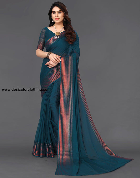 Teal Blue Chiffon Plain Saree