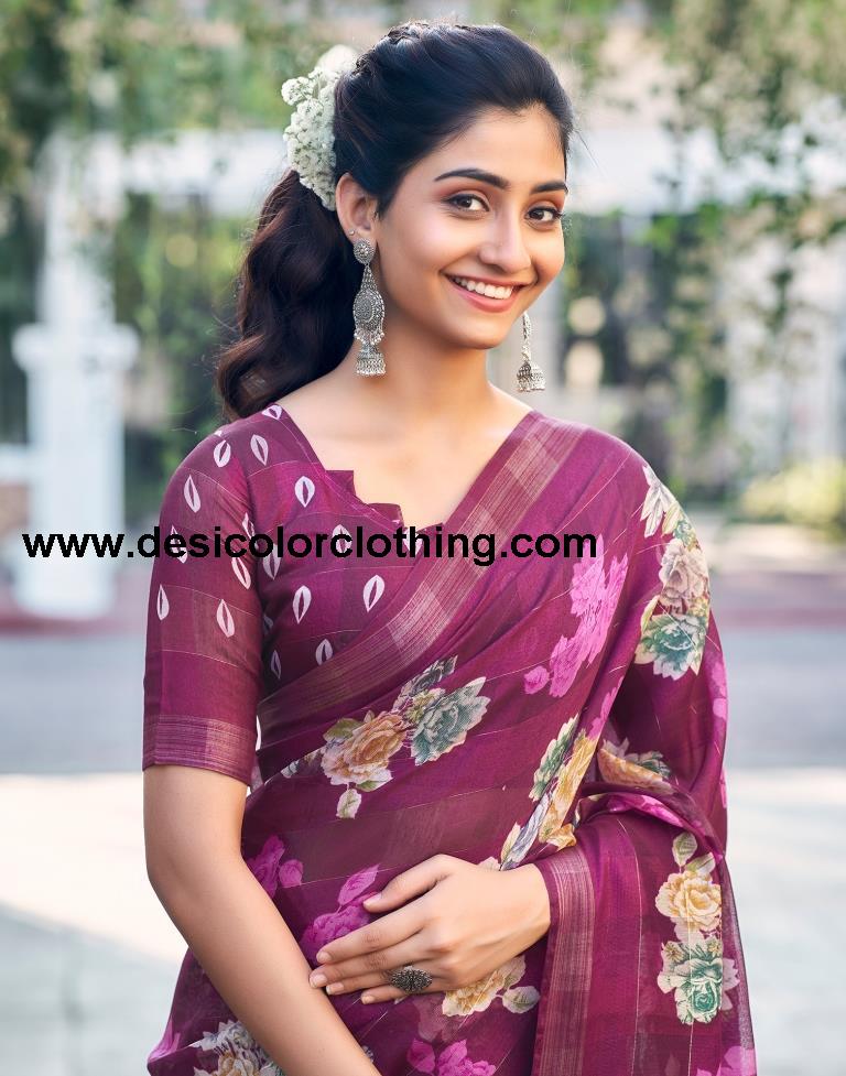 Dark Purple Cotton Printed Saree